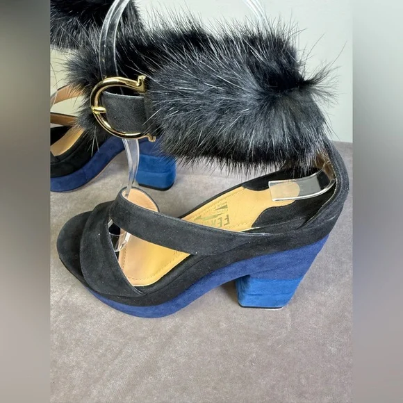 Salvatore Ferragamo suede mink platform sandals color-blocked blue black SIZE 5 - Picture 4 of 14